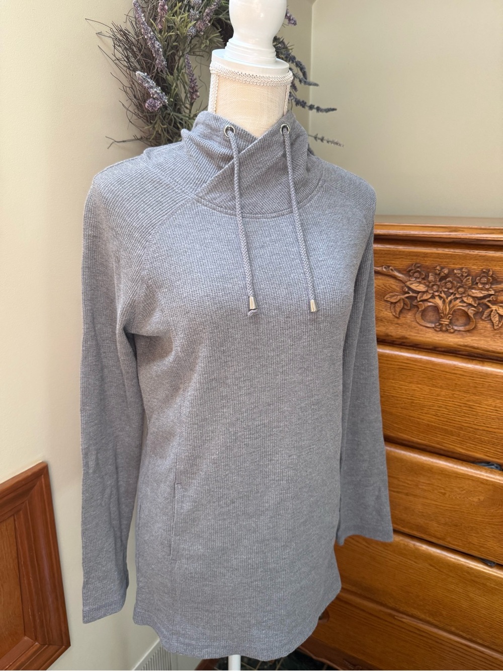 Women’s Gray Knit Funnel Neck Sweater with Drawstring
